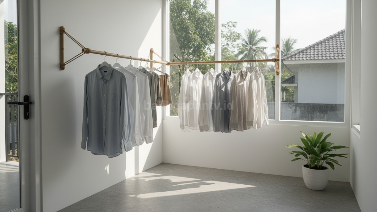 Jemuran sudut hemat ruang di rumah minimalis, bikin laundry cepat dan praktis.
