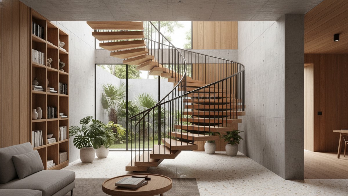 Tangga rumah tinggi 4 meter dengan desain minimalis modern, nyaman dan estetis.