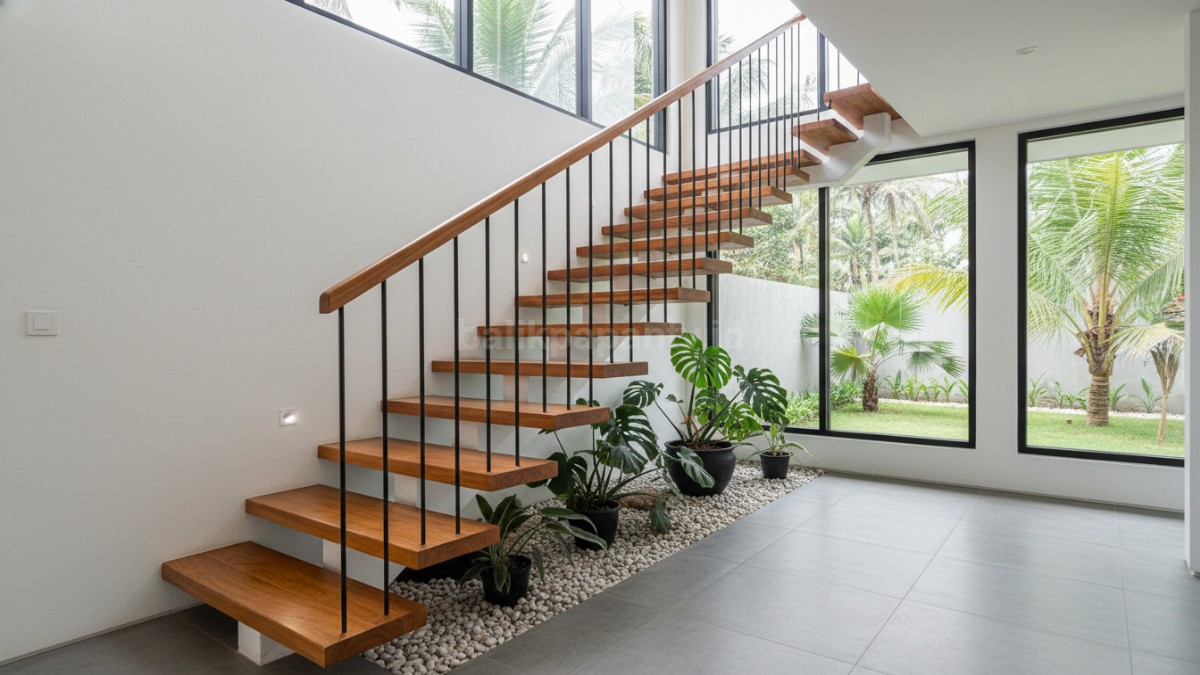 Tangga dengan railing minimalis, aman dan stylish.
