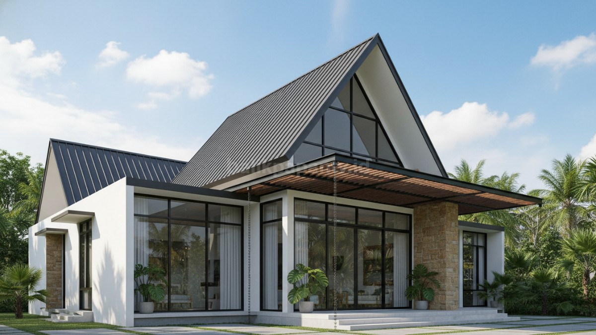 Rumah minimalis dengan atap pelana dan kanopi modern yang harmonis buat estetika tropis.
