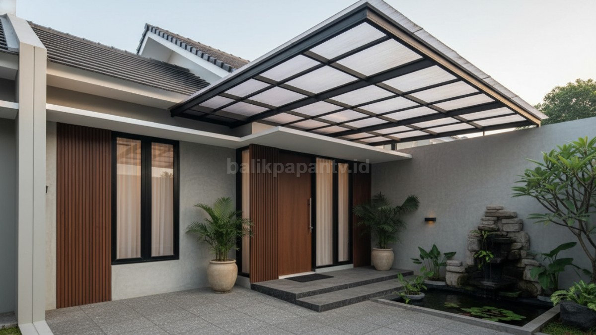 Kanopi modern baja ringan + polycarbonate di teras rumah.