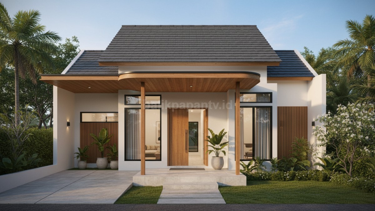 Detail sambungan kanopi dan atap pelana yang rapi.