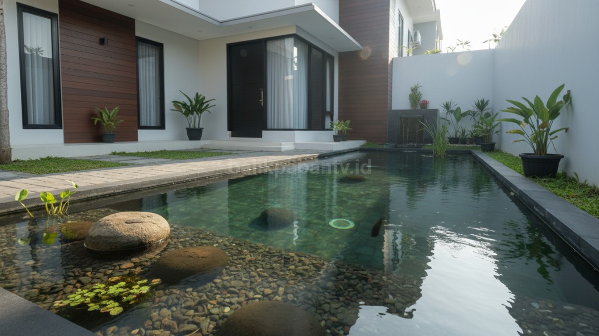 Kolam ikan minimalis depan rumah dengan desain modern memanjang, memperlihatkan perpaduan air jernih, batu alam, dan tanaman kecil di lahan sempit
