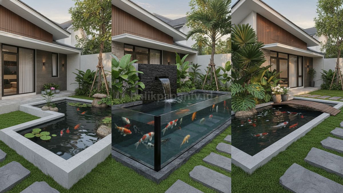 Beragam model kolam ikan minimalis seperti bentuk sudut, kolam kaca transparan, dan kombinasi taman depan rumah dalam satu tampilan inspirasi