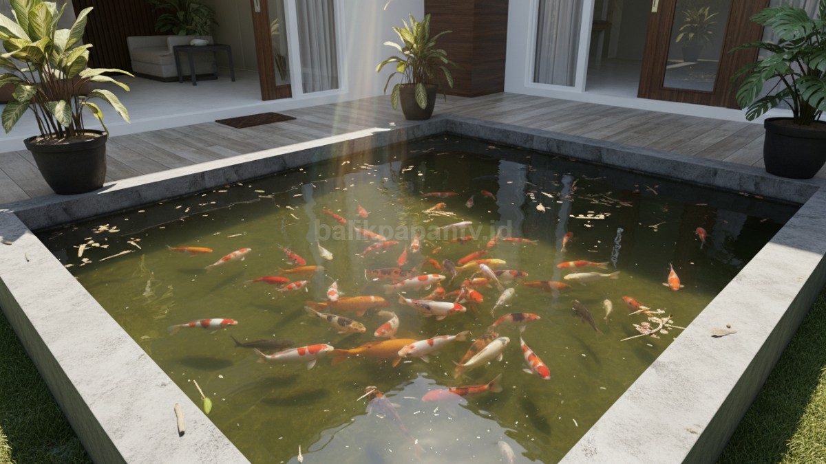Ilustrasi kolam kecil dengan masalah umum seperti air keruh, posisi terkena sinar matahari langsung, dan ikan terlalu padat