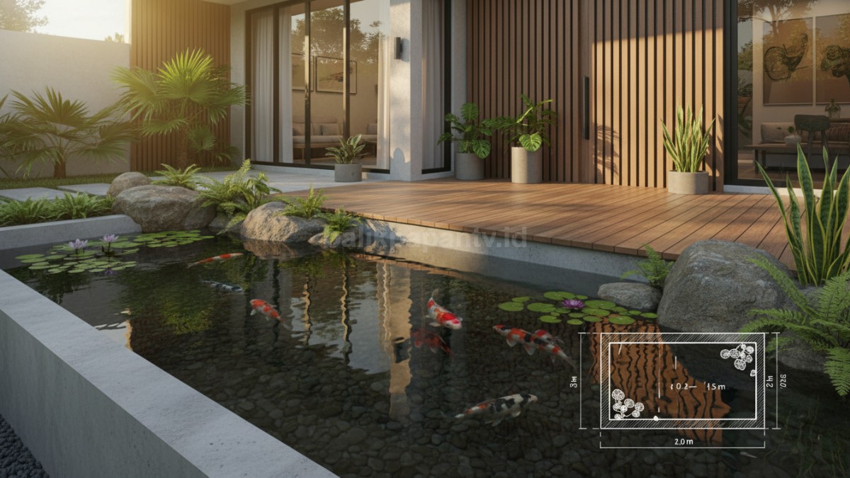 Sketsa ukuran kolam ikan minimalis lengkap dengan dimensi panjang, lebar, dan kedalaman serta gambaran volume air