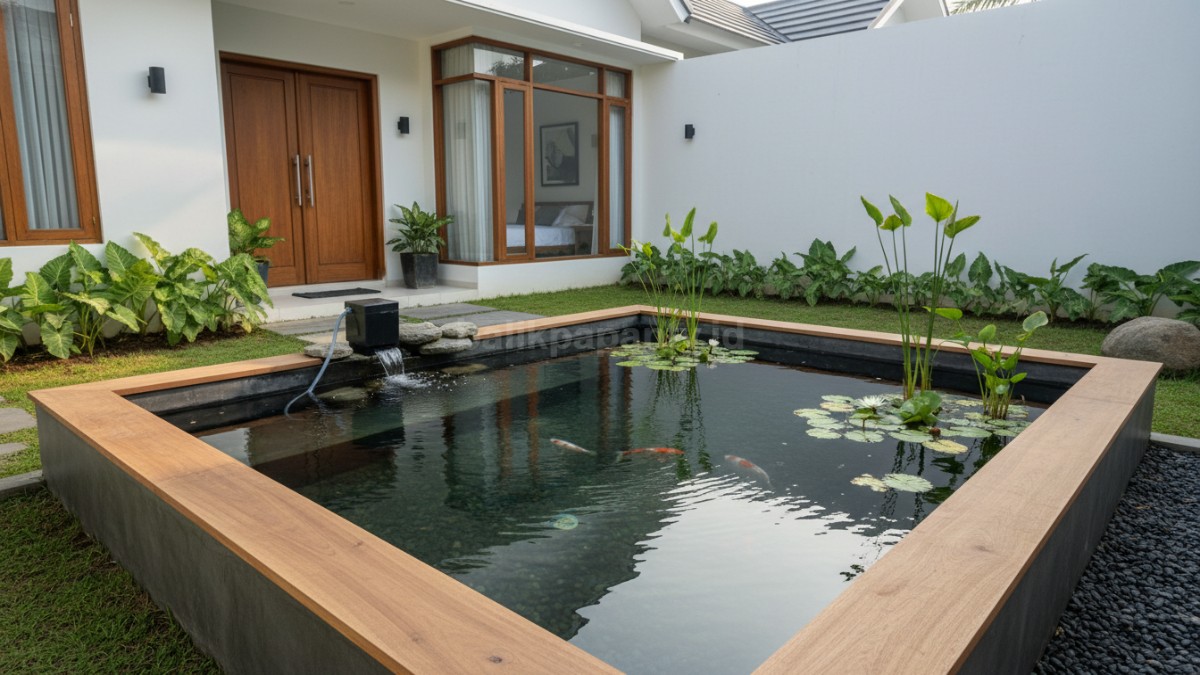 Proses perawatan kolam ikan kecil dengan filter air aktif, pompa sirkulasi, dan tambahan tanaman air untuk menjaga ekosistem