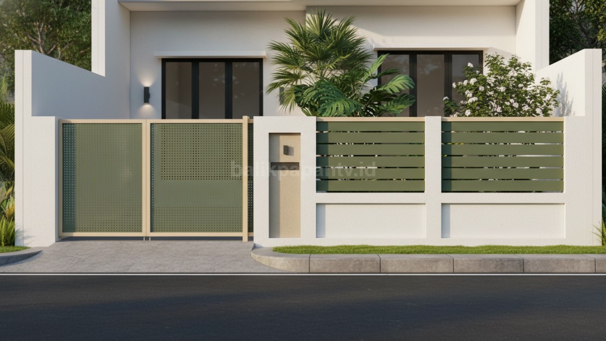 Tampilan fasad rumah modern dengan pagar kombinasi hijau dan kuning yang bikin fasad jadi elegan