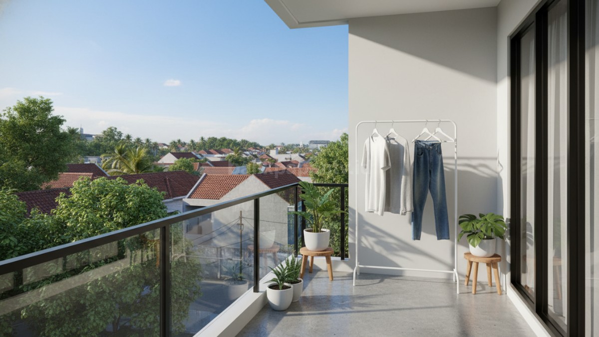 Jemuran sudut minimalis di balkon rumah kecil dengan desain rapi dan modern