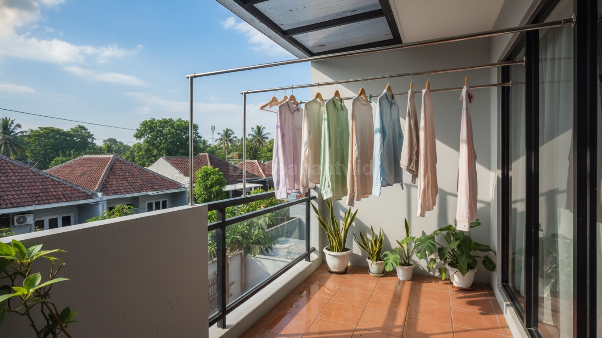 Sudut balkon rumah minimalis dimanfaatkan sebagai area jemur dengan pencahayaan alami dan sirkulasi udara lancar