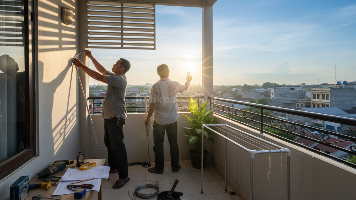 Proses pemasangan jemuran dengan pengukuran arah matahari dan posisi ventilasi