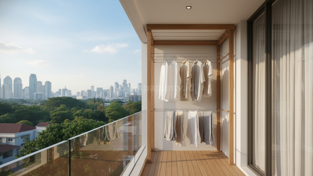 Jemuran sudut yang menyatu dengan desain interior rumah minimalis terlihat rapi dan modern