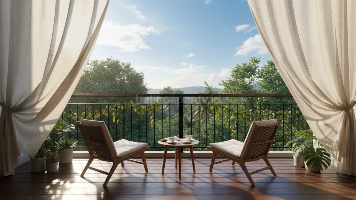 Balkon lantai dua dengan kursi santai menghadap pemandangan terbuka, terlihat aliran angin dan cahaya alami masuk dengan maksimal