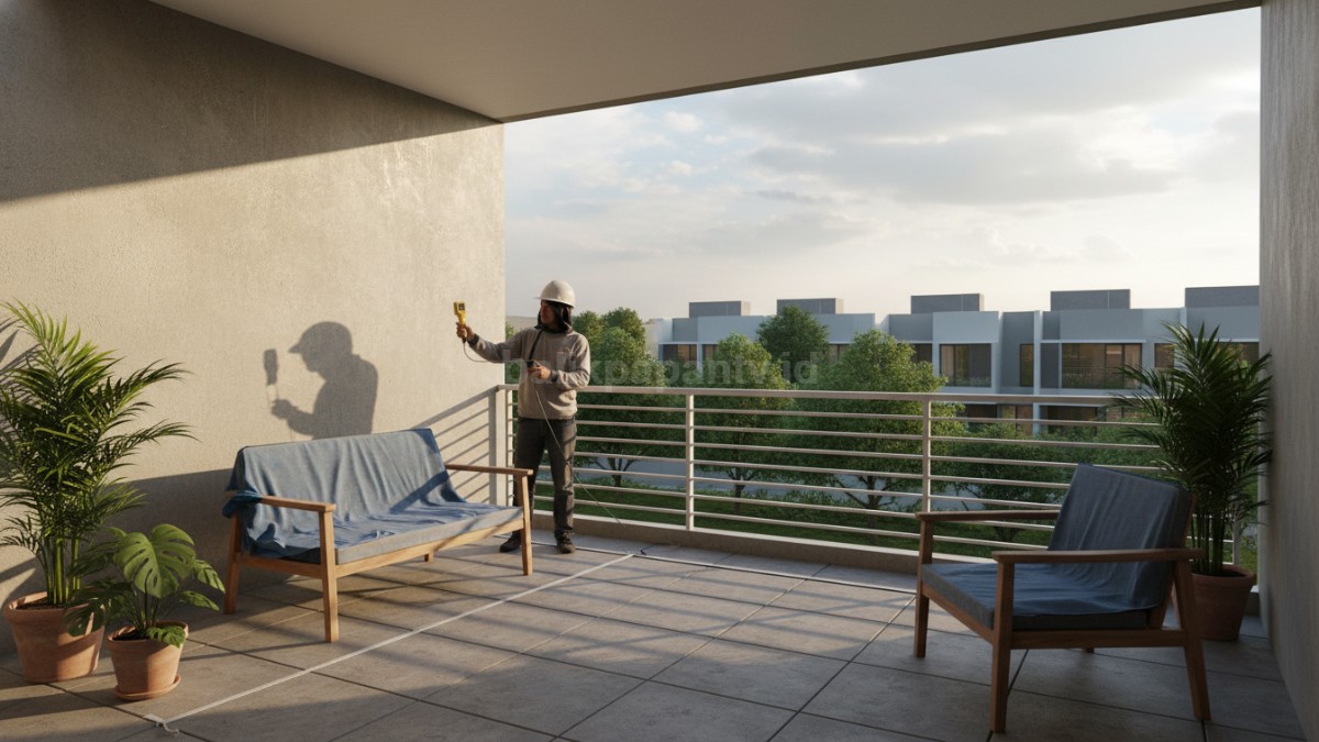 Tampilan balkon yang sedang dirancang dengan pengukuran arah matahari, posisi pagar, dan penempatan furnitur sederhana