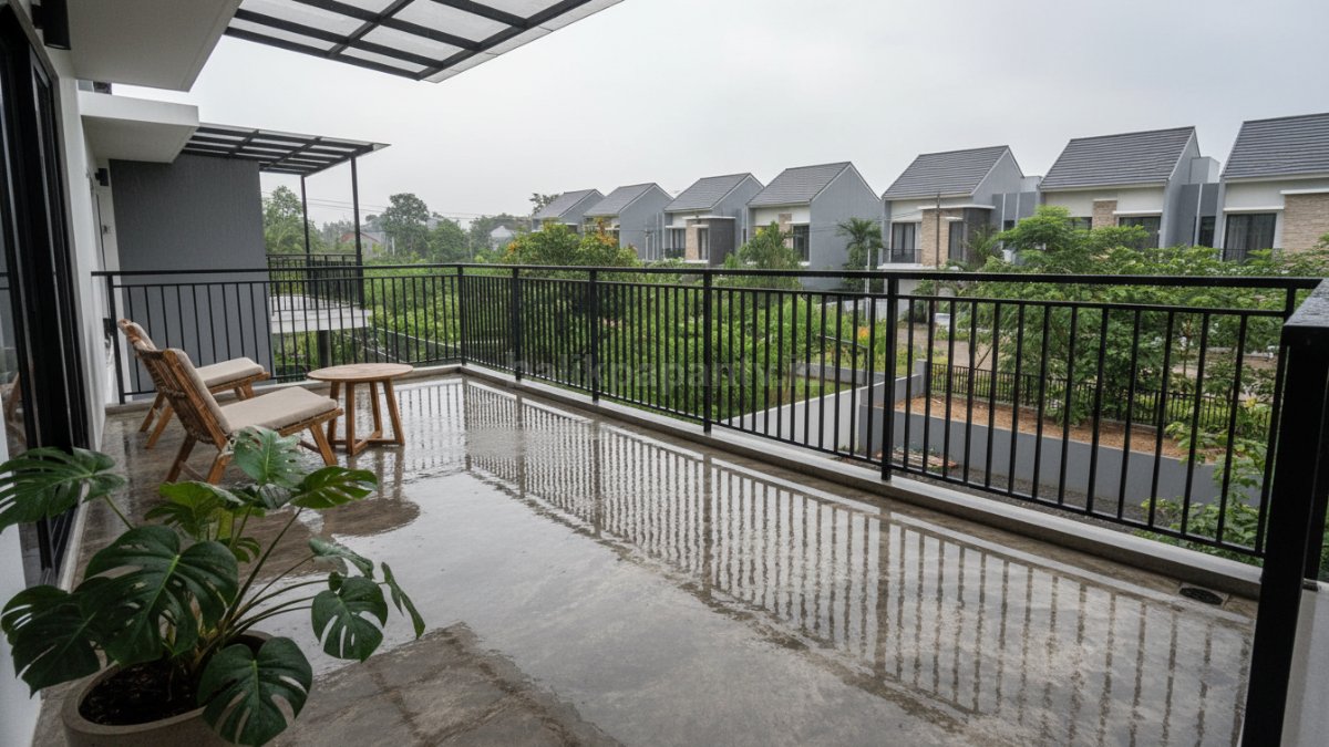 Balkon dengan lantai basah dan licin serta drainase kurang baik sehingga terlihat ada genangan air