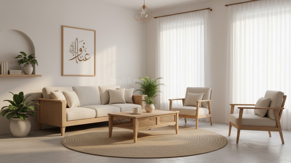 Ruang tamu minimalis dengan warna netral putih dan krem, terdapat hiasan kaligrafi sederhana di dinding serta furnitur kayu yang rapi