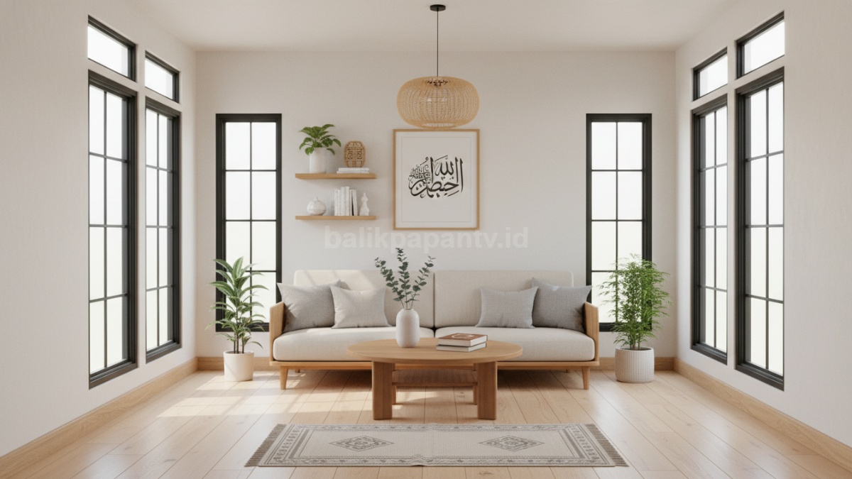 Ruangan minimalis dengan sedikit dekorasi, pencahayaan alami masuk, dan furnitur tersusun tanpa berlebihan