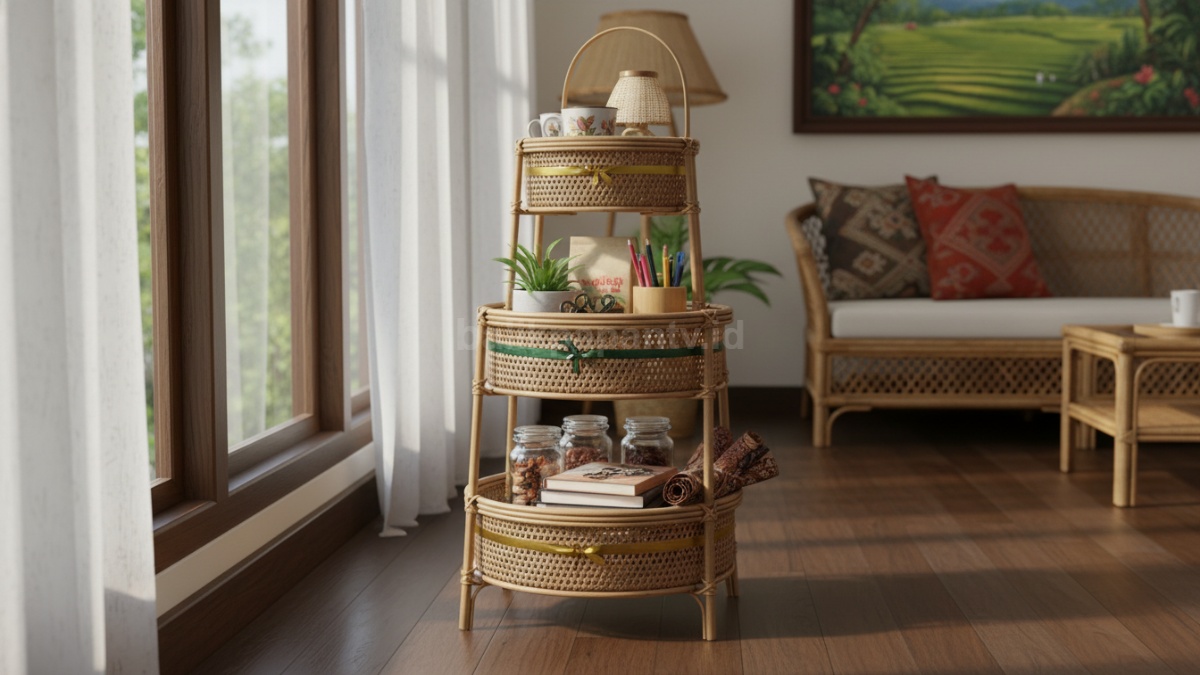 Keranjang rotan hampers Lebaran disusun estetik jadi storage rumah modern