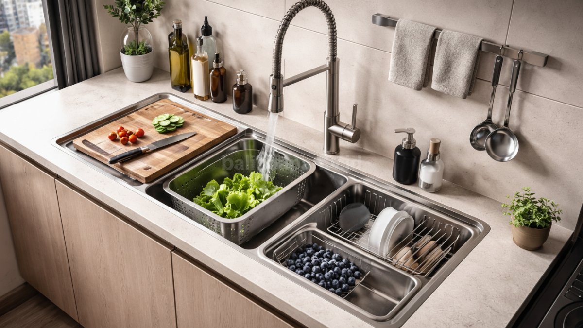 Wastafel dapur apartemen modern 2026 dengan desain compact multifungsi yang efisien untuk ruang terbatas.