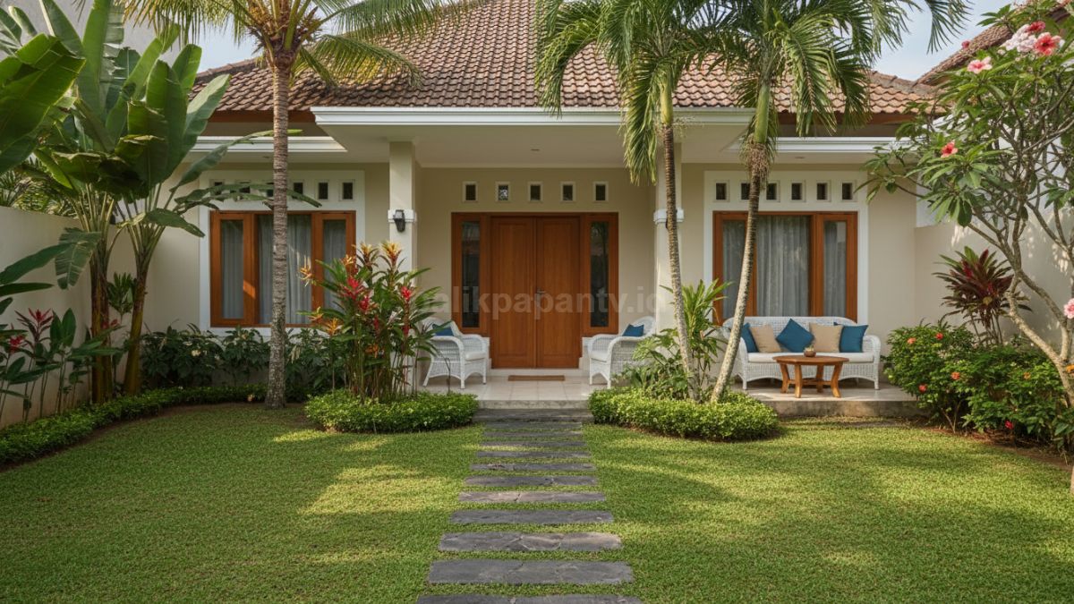 Halaman rumah tropis sederhana dengan tanaman lokal, pencahayaan alami, dan tata letak tidak berlebihan