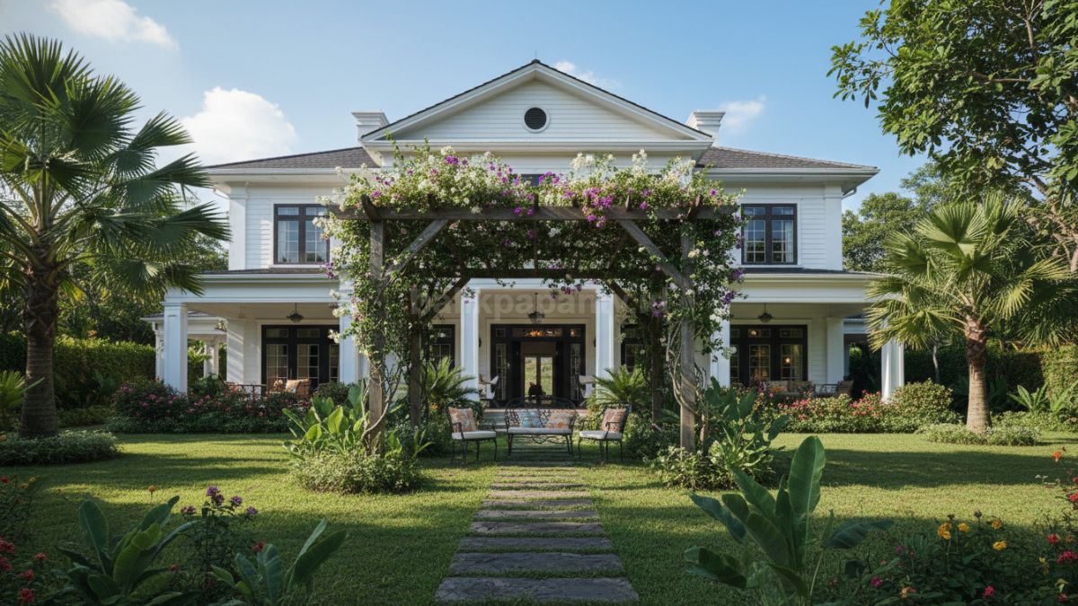 Taman rumah dengan pergola sederhana dan tanaman tropis