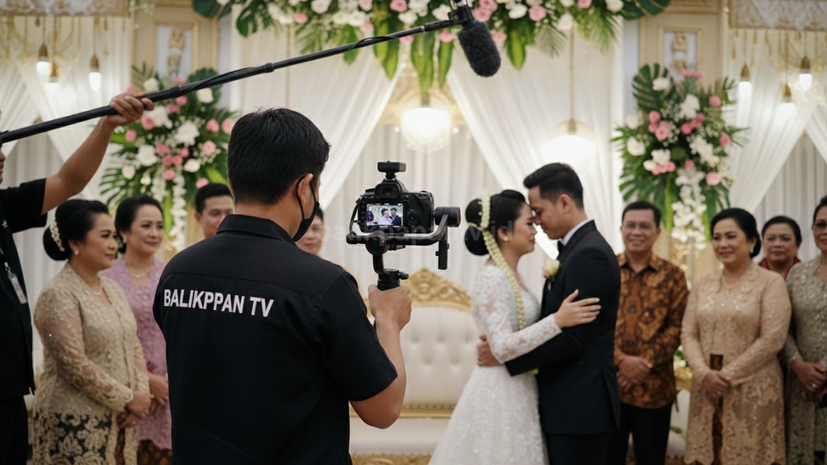 Videografer merekam momen haru pernikahan dengan kamera dan gimbal, suasana hangat penuh emosi
