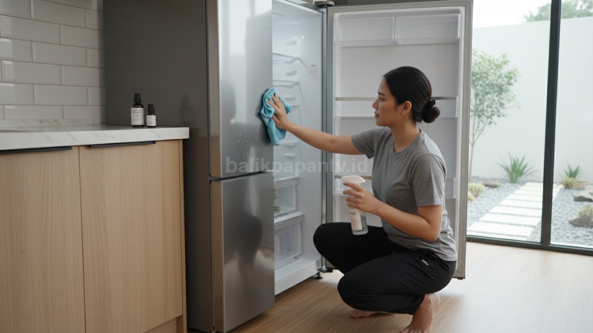 Proses membersihkan kulkas dengan kain microfiber dan minyak 