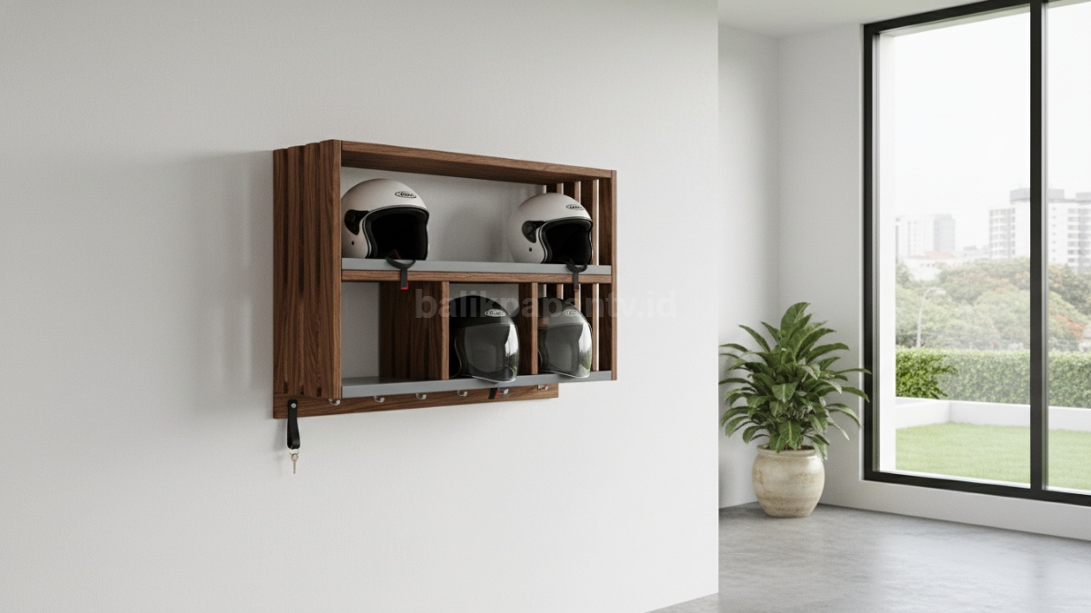 Rak helm minimalis di dinding rumah dengan desain rapi dan modern 