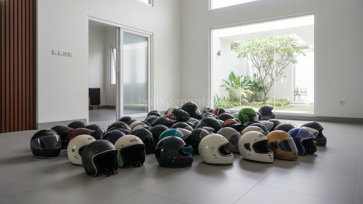 Helm berserakan di lantai tanpa tempat penyimpanan 