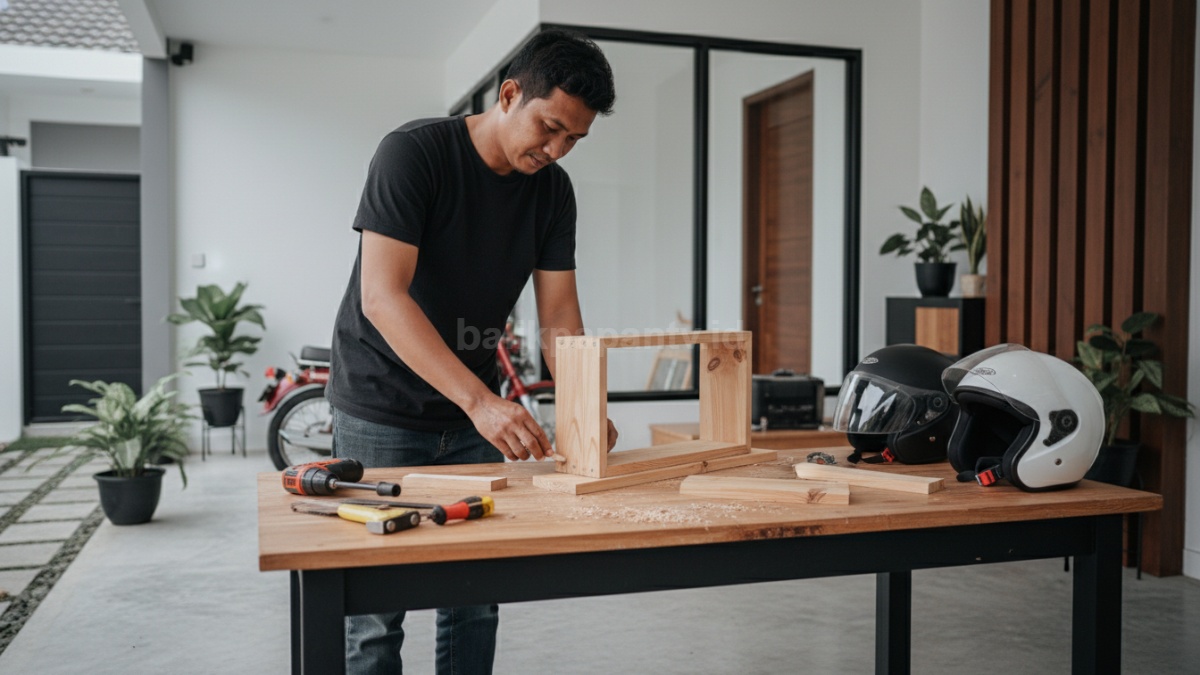 Proses membuat rak helm dari kayu sederhana 