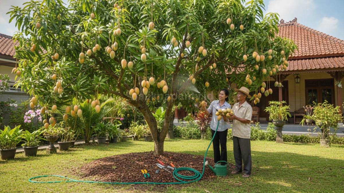Pohon mangga di halaman rumah dengan buah lebat, menggambarkan hasil perawatan yang konsisten dan teknik yang tepat