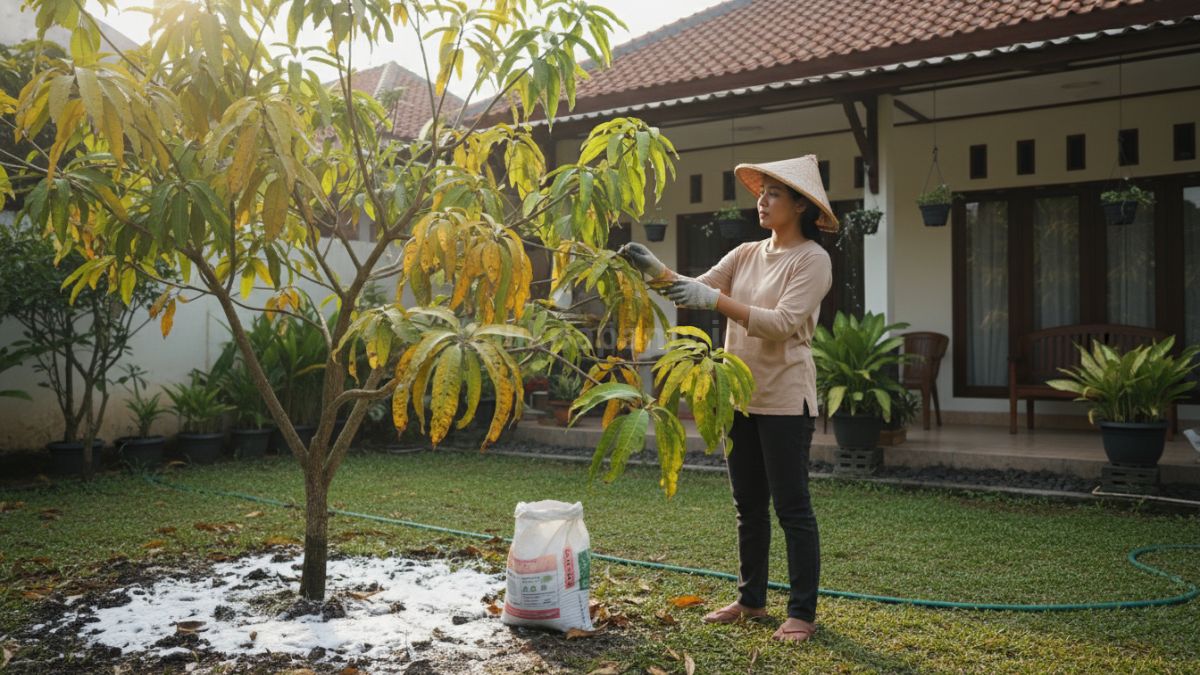 Daun pohon buah menguning dan layu sebagian, menandakan kesalahan penyiraman atau kelebihan pupuk