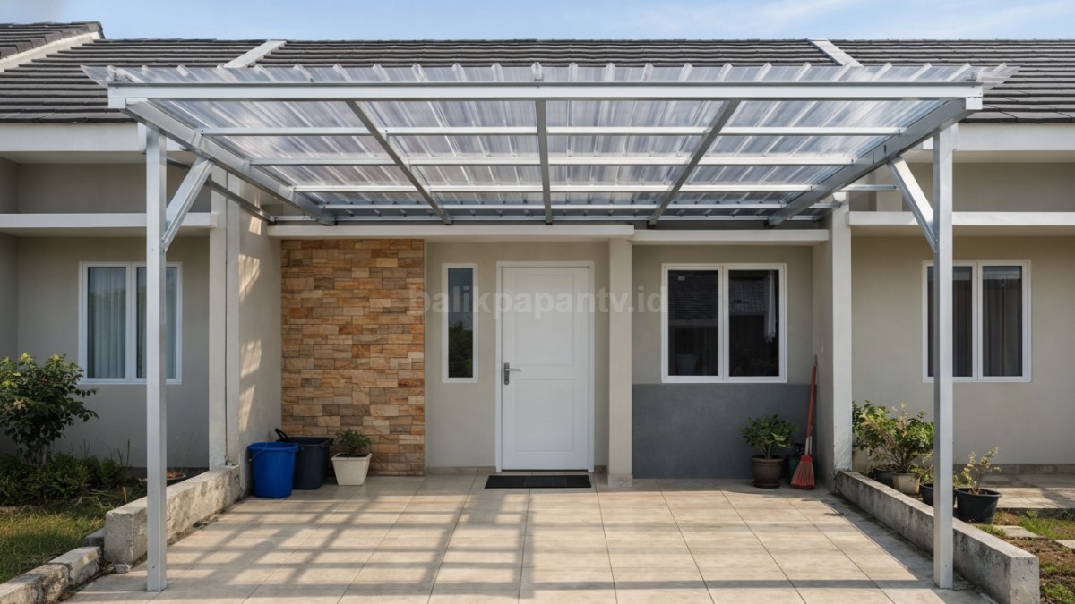 Kanopi baja ringan dengan atap polycarbonate di teras rumah subsidi.