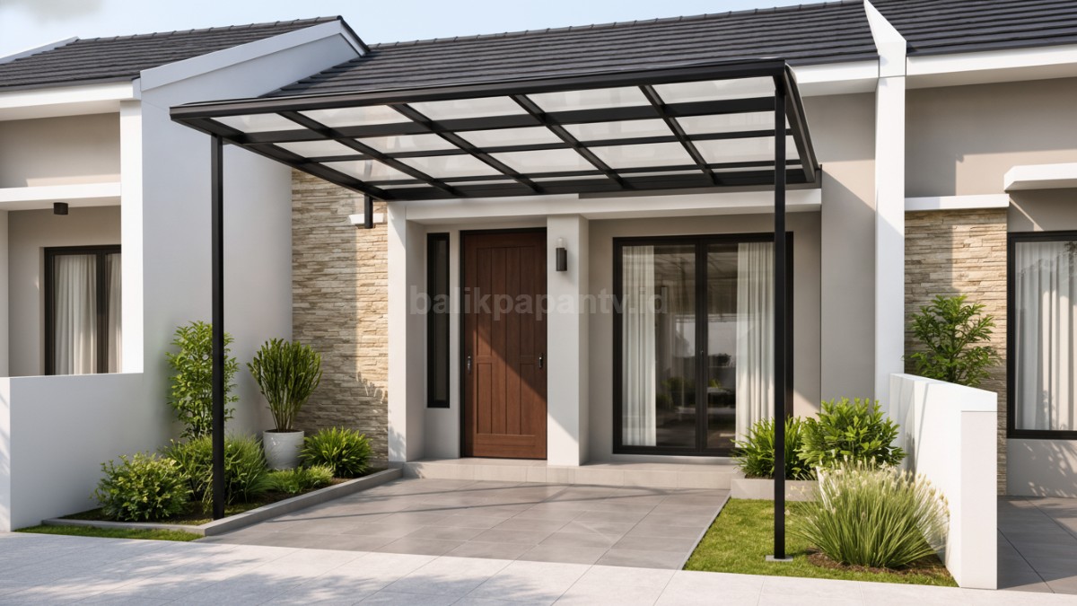 Kanopi minimalis rangka hollow di teras rumah subsidi.
