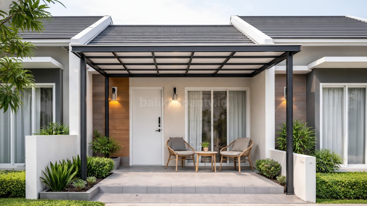 Kanopi teras rumah subsidi minimalis dengan desain modern dan material ringan, tampil rapi dan fungsional.