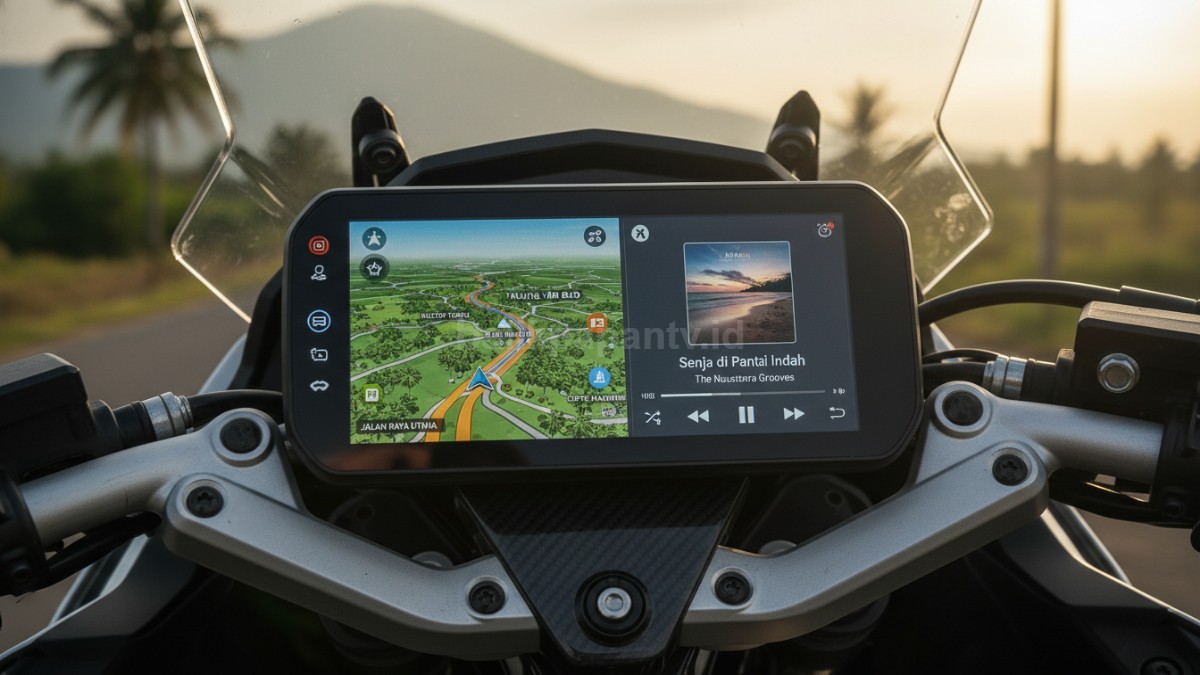 Tampilan navigasi dan musik di layar motor.