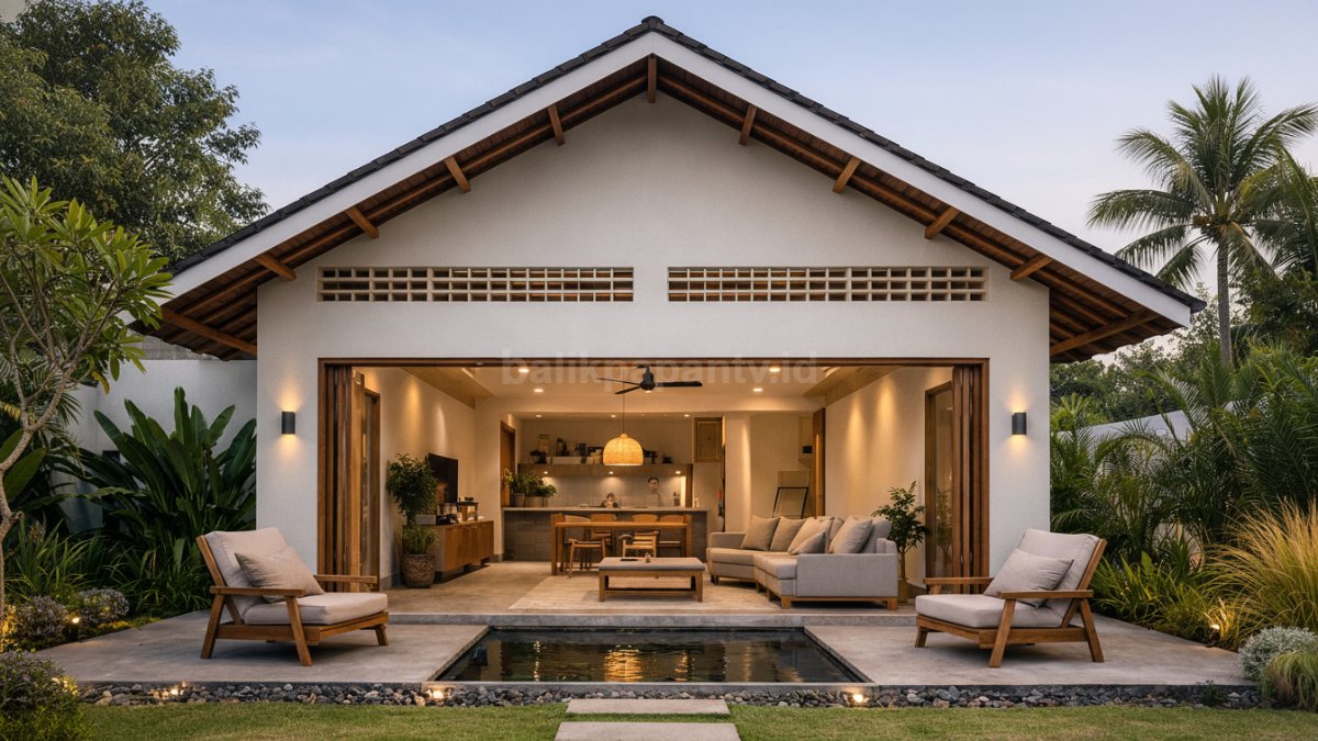 Rumah minimalis atap pelana tinggi terbuka dengan ventilasi silang.