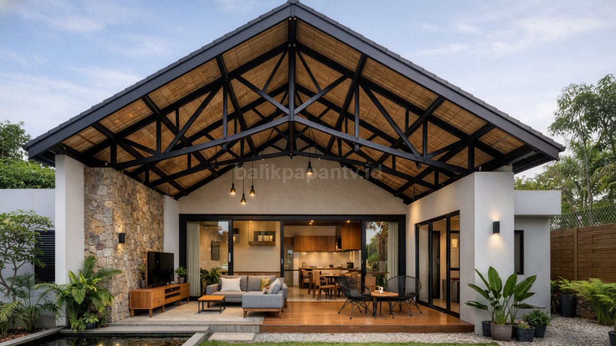 Rumah minimalis atap pelana tinggi dengan plafon tinggi ekspos rangka.