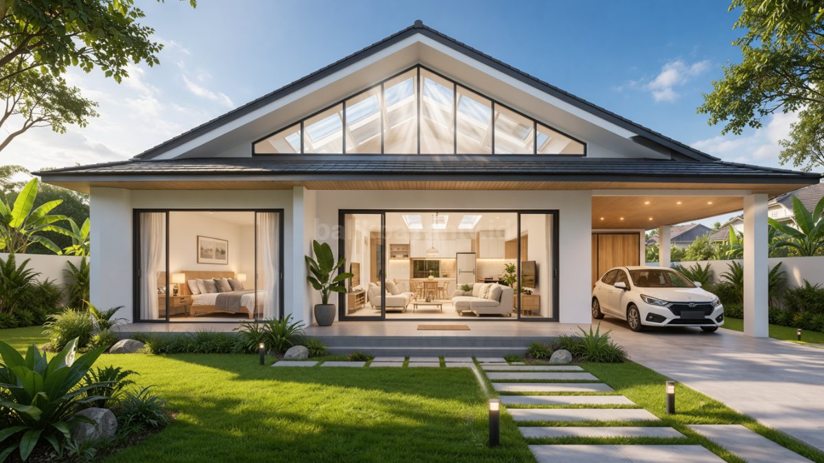 Rumah minimalis atap pelana tinggi dengan skylight.