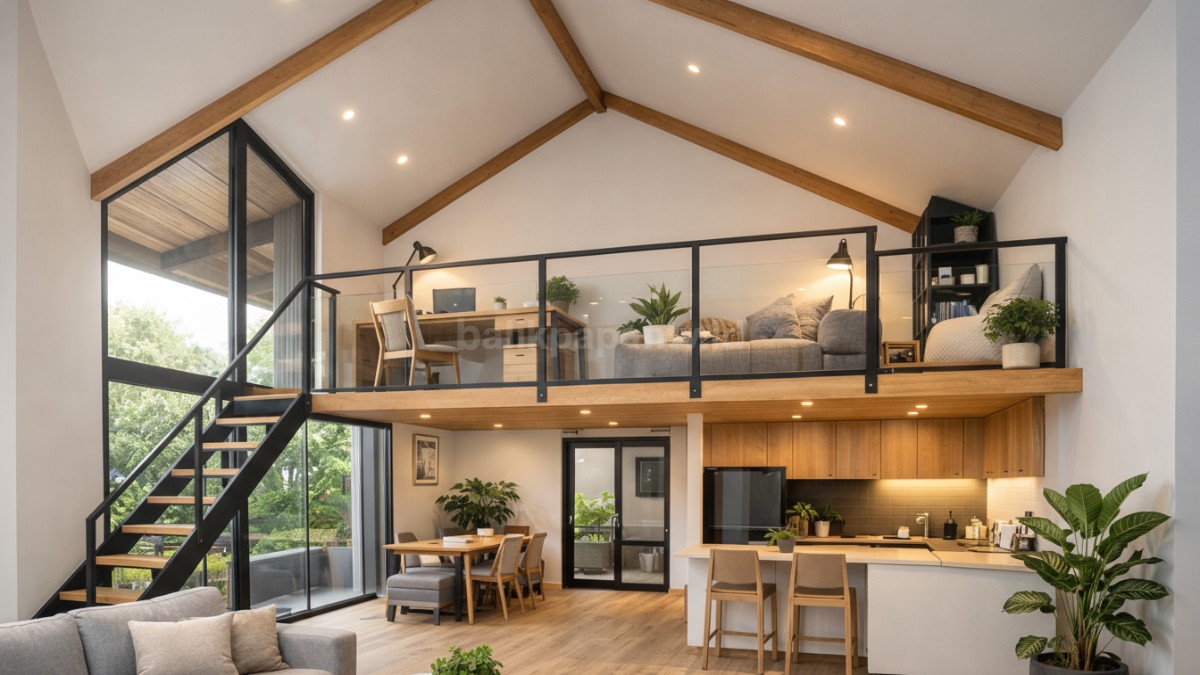 Rumah minimalis atap pelana tinggi dengan mezzanine.