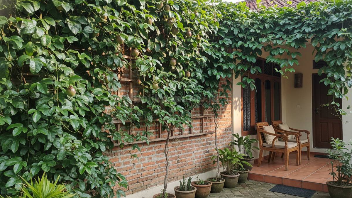 Tanaman markisa merambat di dinding rumah dengan daun lebat memberikan efek teduh alami pada area luar rumah
