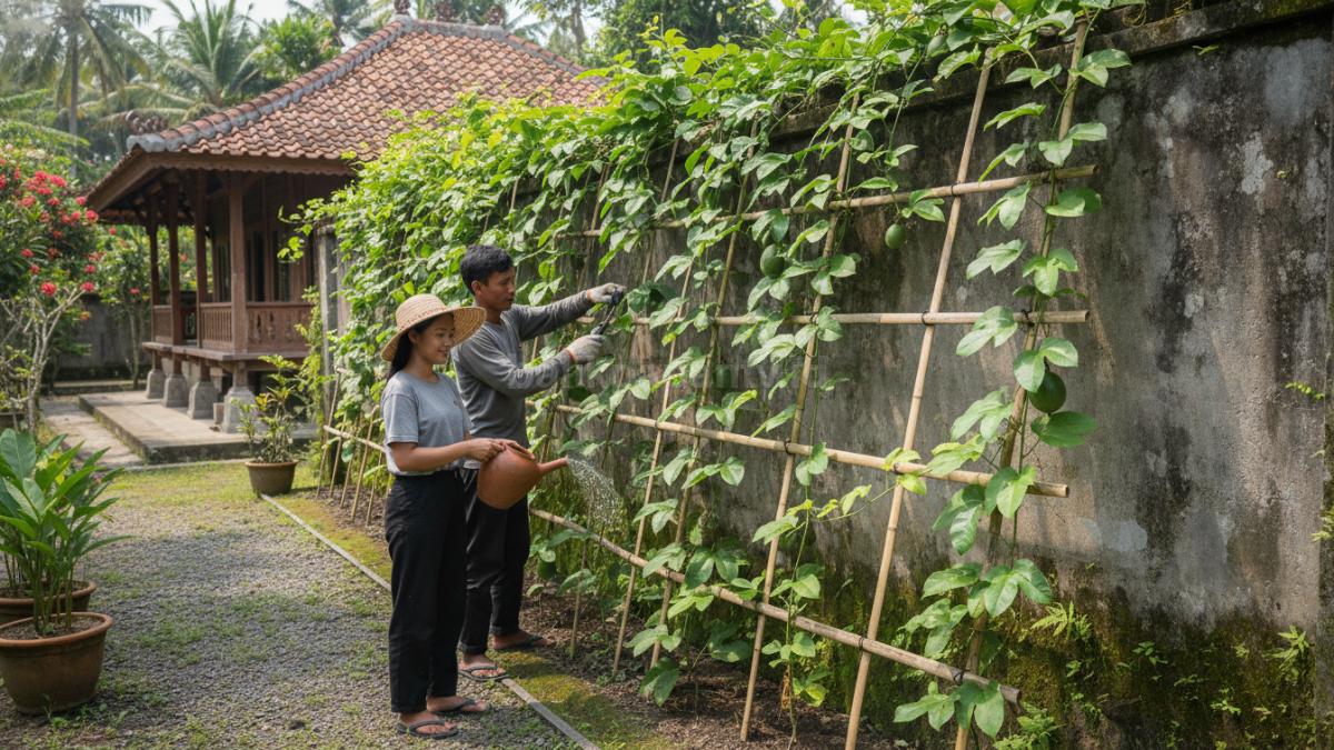 Aktivitas perawatan tanaman markisa seperti penyiraman dan pemangkasan cabang agar pertumbuhan lebih terarah dan produktif