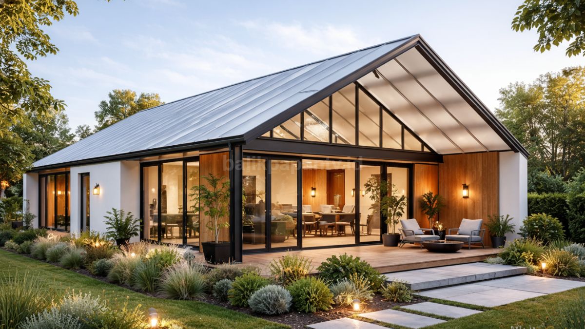 Rumah minimalis 1 atap pelana tinggi dengan kombinasi material ringan. 