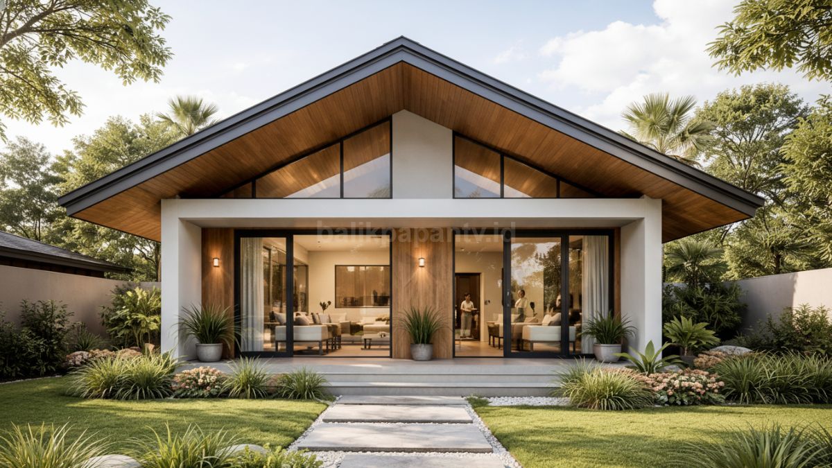 Rumah minimalis atap pelana tinggi dengan overhang lebar.