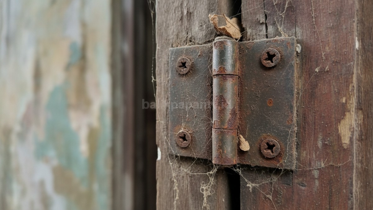 Close up engsel pintu kotor berdebu dan mulai berkarat sebagai penyebab bunyi