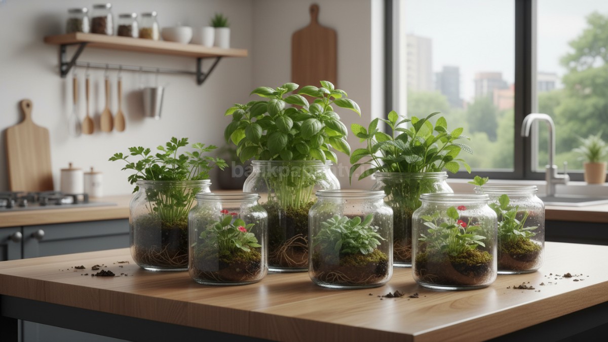 Toples kue bekas disulap jadi kebun mini di dapur modern dengan tanaman hijau segar, terlihat estetik dan hemat ruang
