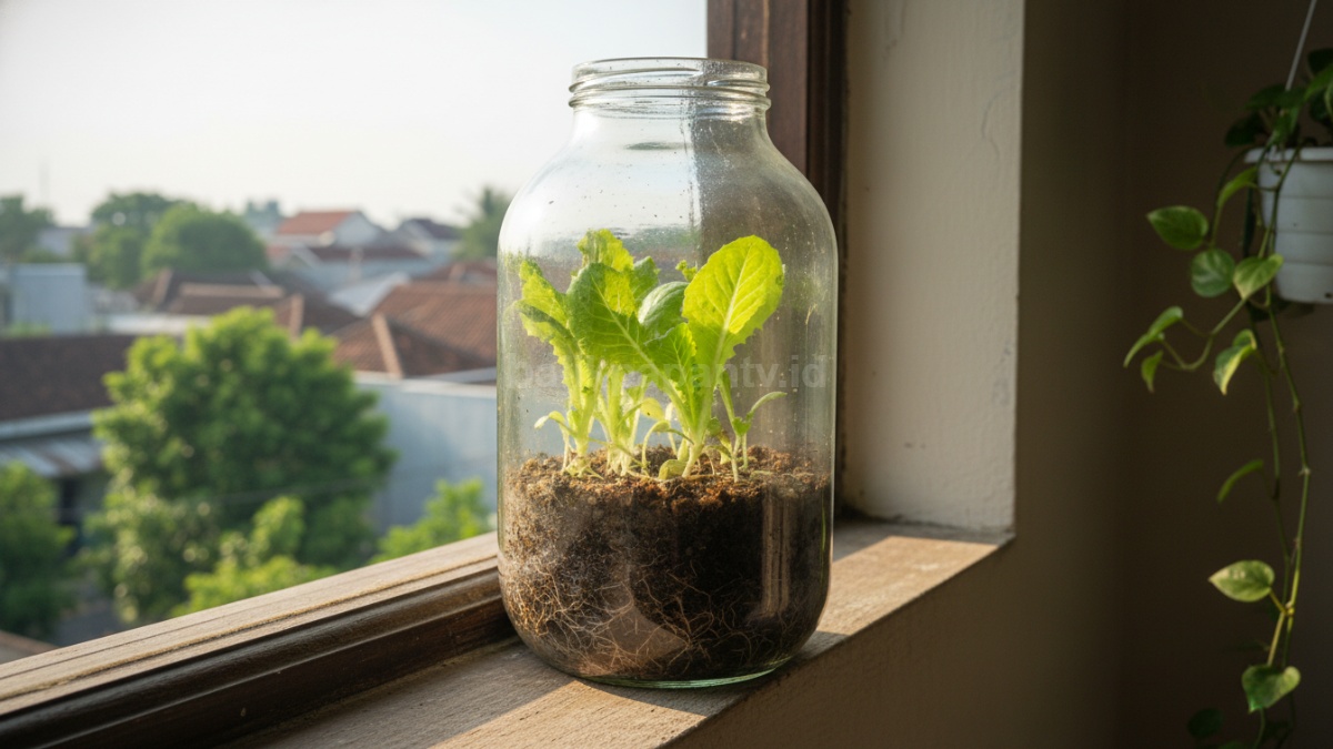 Toples bening berisi tanaman selada kecil diletakkan di dekat jendela dengan cahaya matahari alami masuk ke dalam ruangan