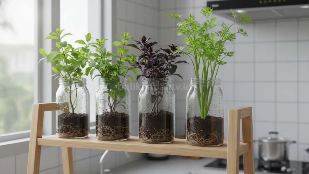 Rak dapur minimalis berisi beberapa toples bekas yang ditanami daun mint, kemangi, dan seledri tersusun rapi