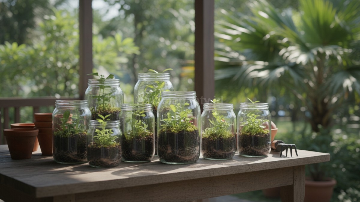 Beberapa toples dengan ukuran berbeda diisi media tanam lengkap, disusun di atas meja sebagai persiapan berkebun