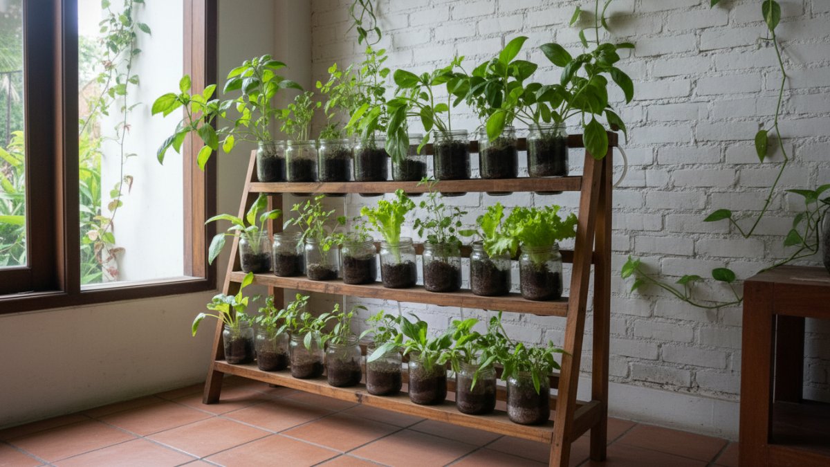 Kebun mini dari toples tersusun vertikal di rak dengan tanaman tumbuh subur dan rapi di dalam ruangan